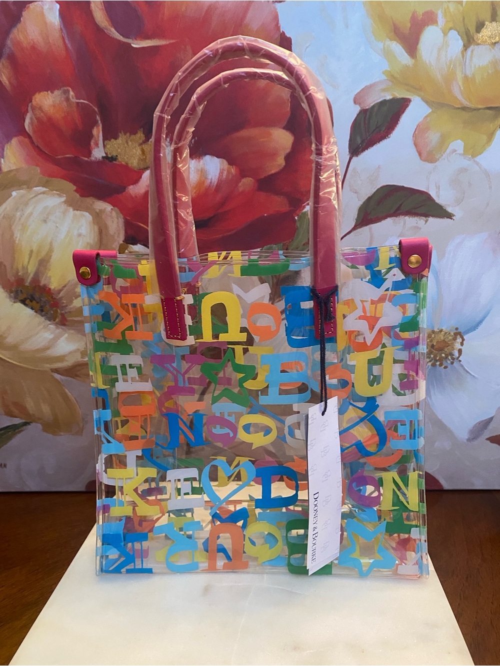 Dooney & Bourke Clear Multicolor Letter-Print “Doodle” Tote w/Pink Handles (NWT) - Picture 3 of 11